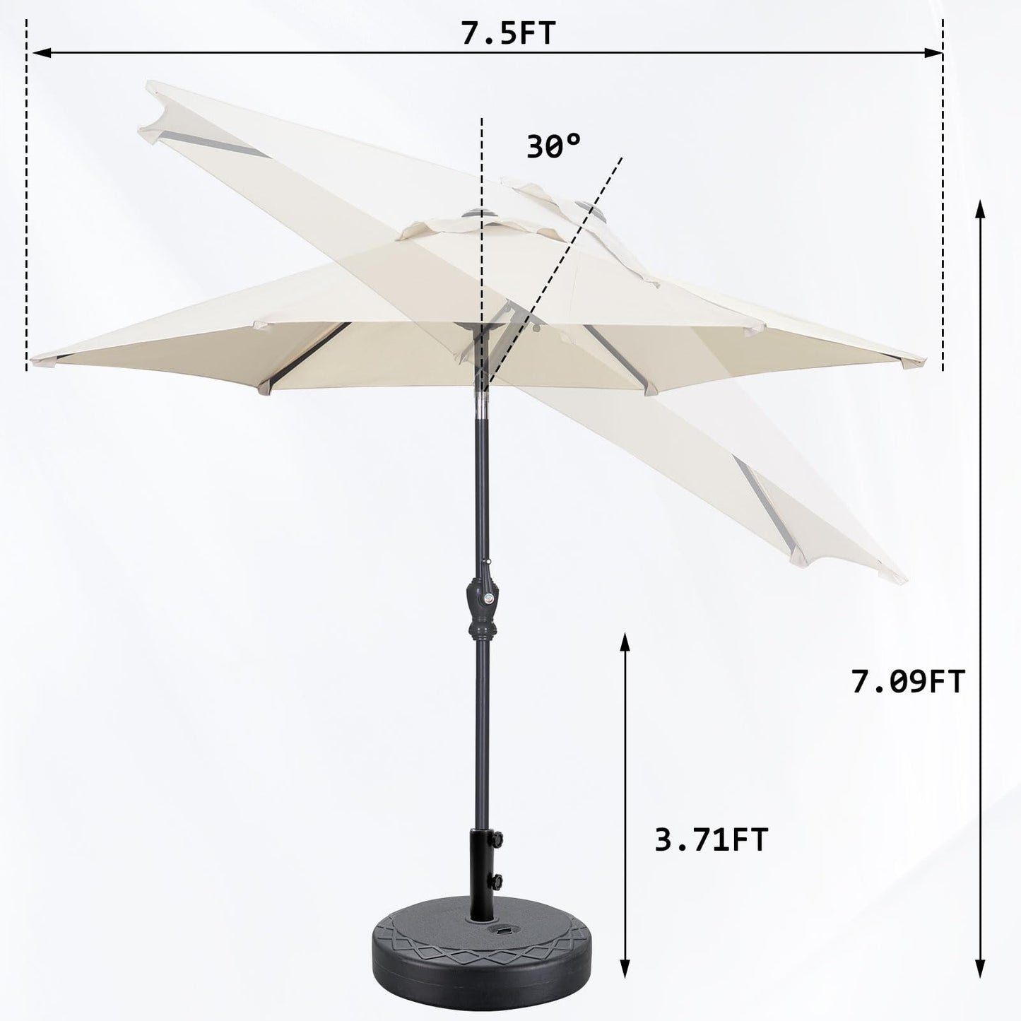 GDY 7.5ft Tassel Patio Umbrella and Matching Base, Outdoor Table Umbrella with 18 LED Lights,Market Umbrella with 6 Sturdy Ribs, with Push Button Tilt and Crank, Bright White
