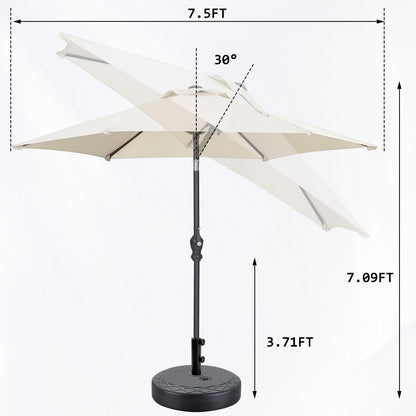 GDY 7.5ft Tassel Patio Umbrella and Matching Base, Outdoor Table Umbrella with 18 LED Lights,Market Umbrella with 6 Sturdy Ribs, with Push Button Tilt and Crank, Bright White