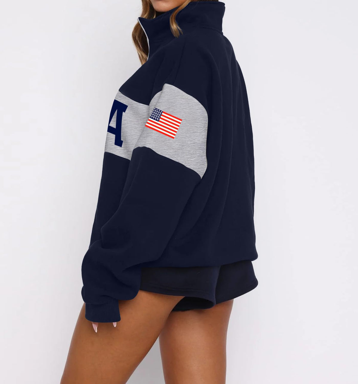 LEEDYA Women Long Sleeve American Flag Sweatshirts Half Zip USA Sweater