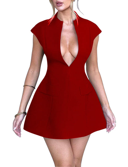 LuFeng Women's Sexy Cap Sleeve Deep V Neck Zipper A-line Mini Dress