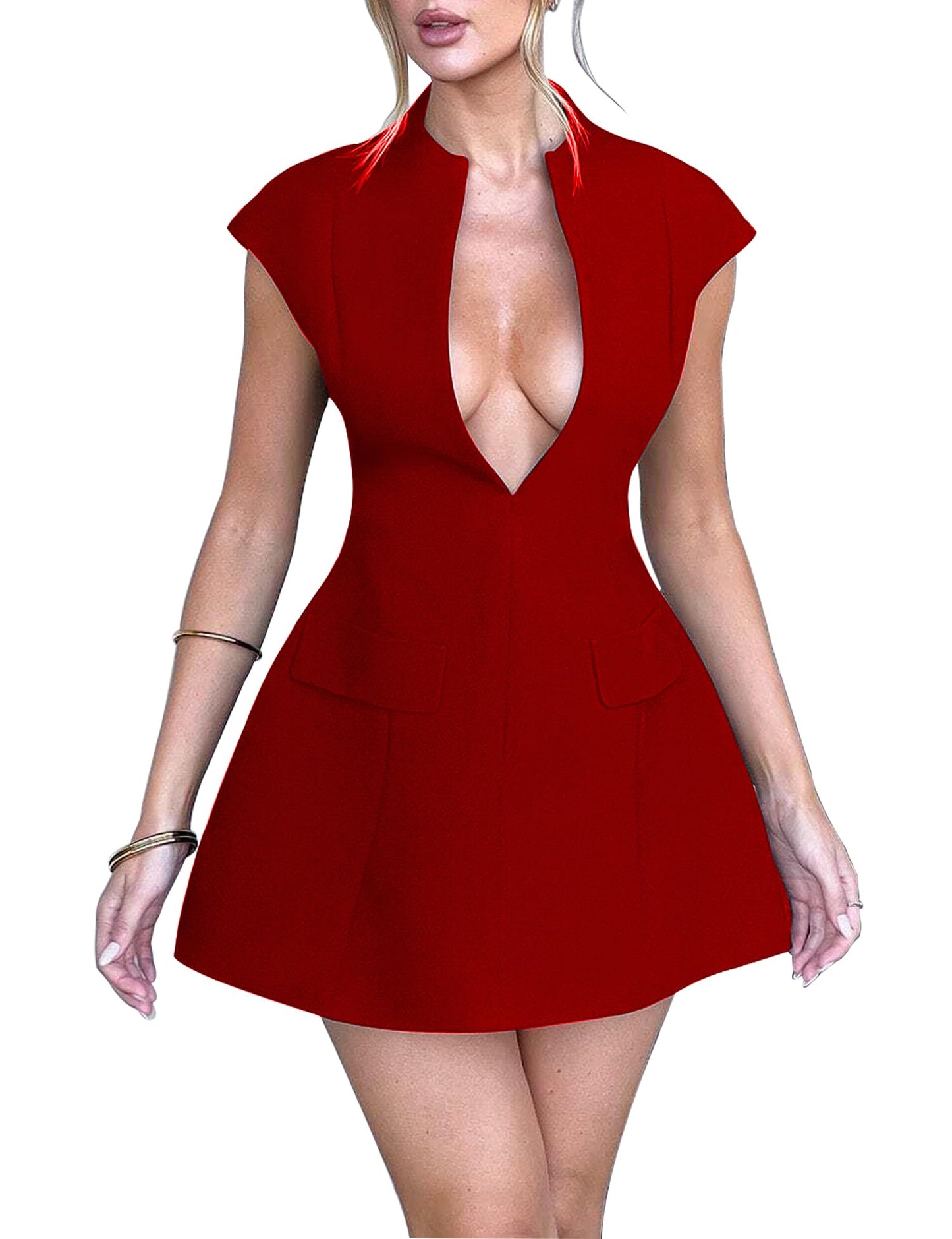 LuFeng Women's Sexy Cap Sleeve Deep V Neck Zipper A-line Mini Dress