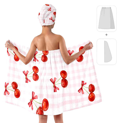 Strawberry Print Bath Wrap and Hair Drying Towel Set – Microfiber Quick Dry Shower Body Wrap for Women, Absorbent Spa Skirt with Elastic Band and Cute Bow Design (Strawberry 1)