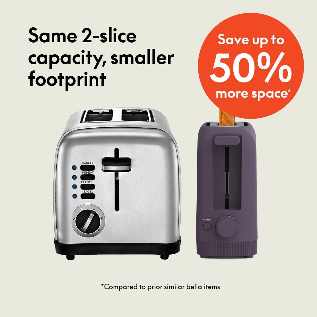 bella 2 Slice Slim Toaster, Fits-anywhere™ Kitchenware, 6 Setting Shade Control with Reheat & Cancel Buttons, Fits sourdough, 10” Long Slot, Anti Jam & Auto Shutoff, 900 Watt, Blossom