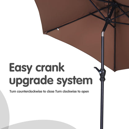 GDY 7.5ft Tassel Patio Umbrella and Matching Base, Outdoor Table Umbrella with 18 LED Lights,Market Umbrella with 6 Sturdy Ribs, with Push Button Tilt and Crank, Bright White