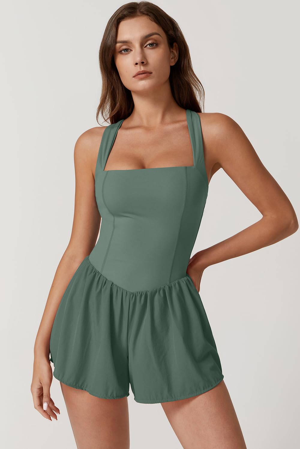 QINSEN Women's Square Neck Sleeveless Romper Jumpsuit