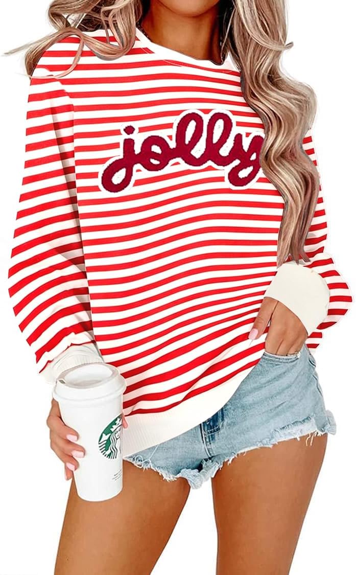 Christmas Sweatshirts For Women Jolly Glitter Patch Striped Sweater