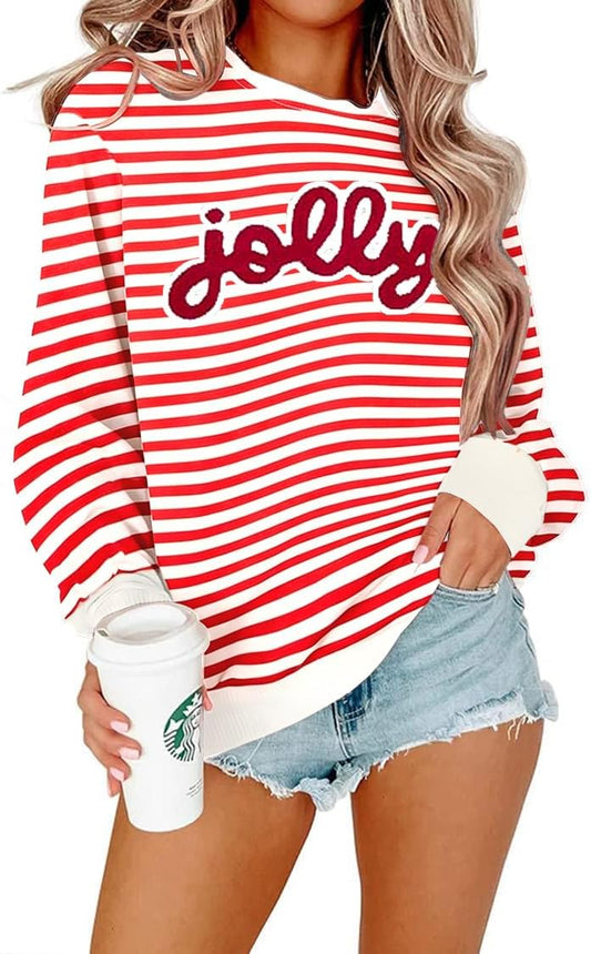 Christmas Sweatshirts For Women Jolly Glitter Patch Striped Sweater