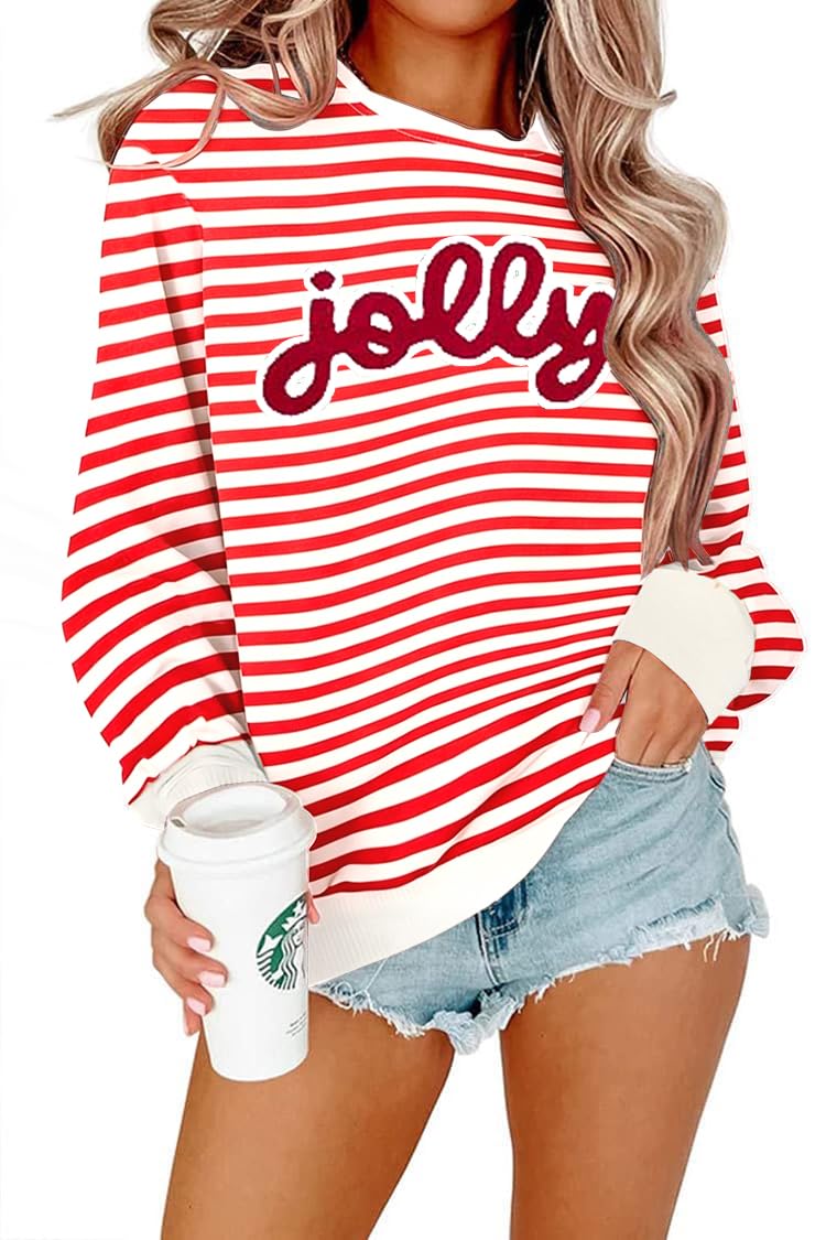 Christmas Sweatshirts For Women Jolly Glitter Patch Striped Sweater