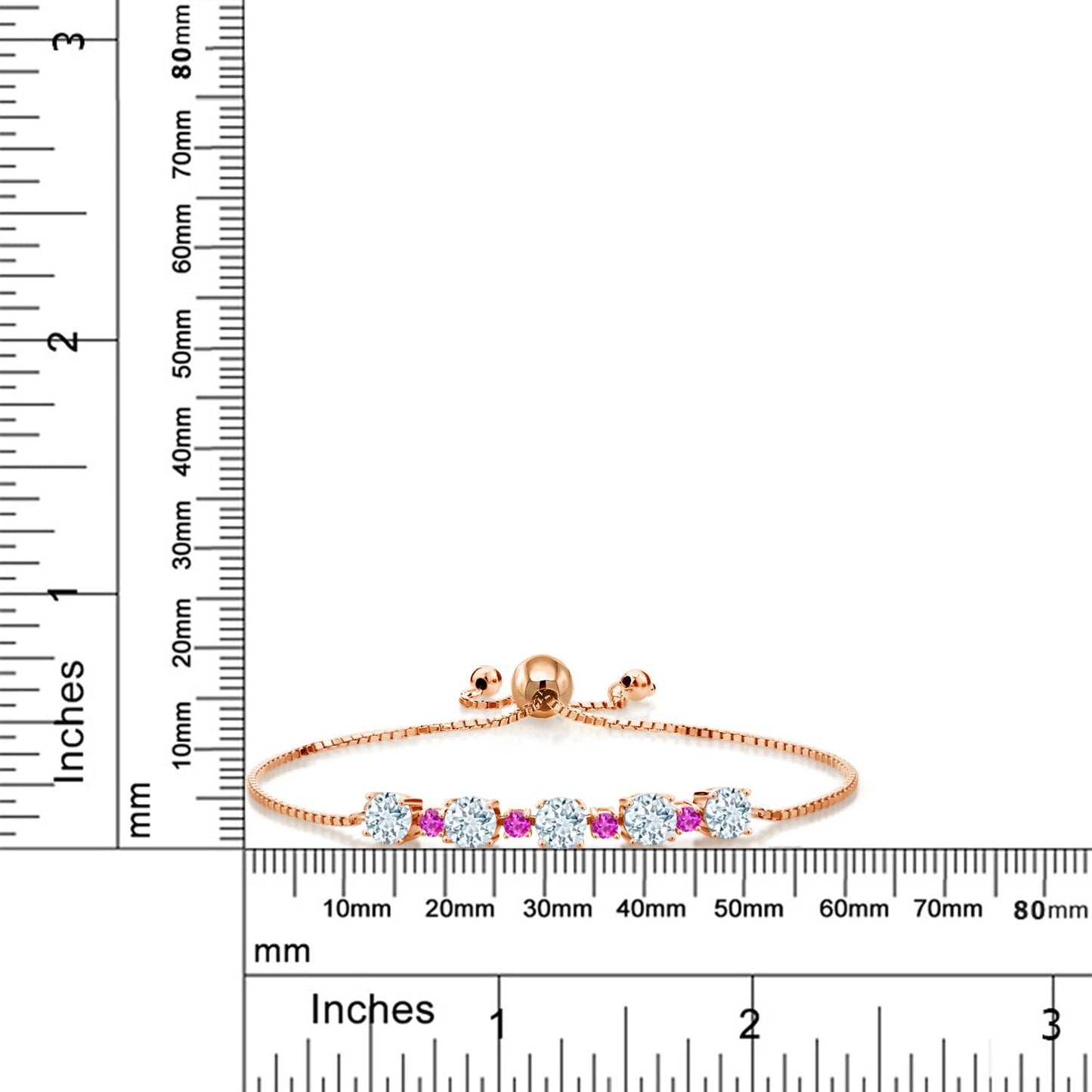 Gem Stone King Gemstone Birthstone and Pink Sapphire Tennis Bracelet 18K Rose Gold Plated Silver | Round 5MM and 2.5MM | Adjustable Bolo Design | Easy-On Easy-Off