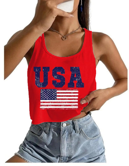 4th of July Crop Tops for Women Funny American Flag Shirts Tank Tops Outfits