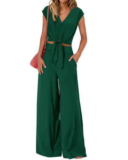 PRETTYGARDEN Women's Summer 2 Piece Outfits 2026 Cap Sleeve V Neck Belted Crop Tops Wide Leg Pant Sets Casual Tracksuit