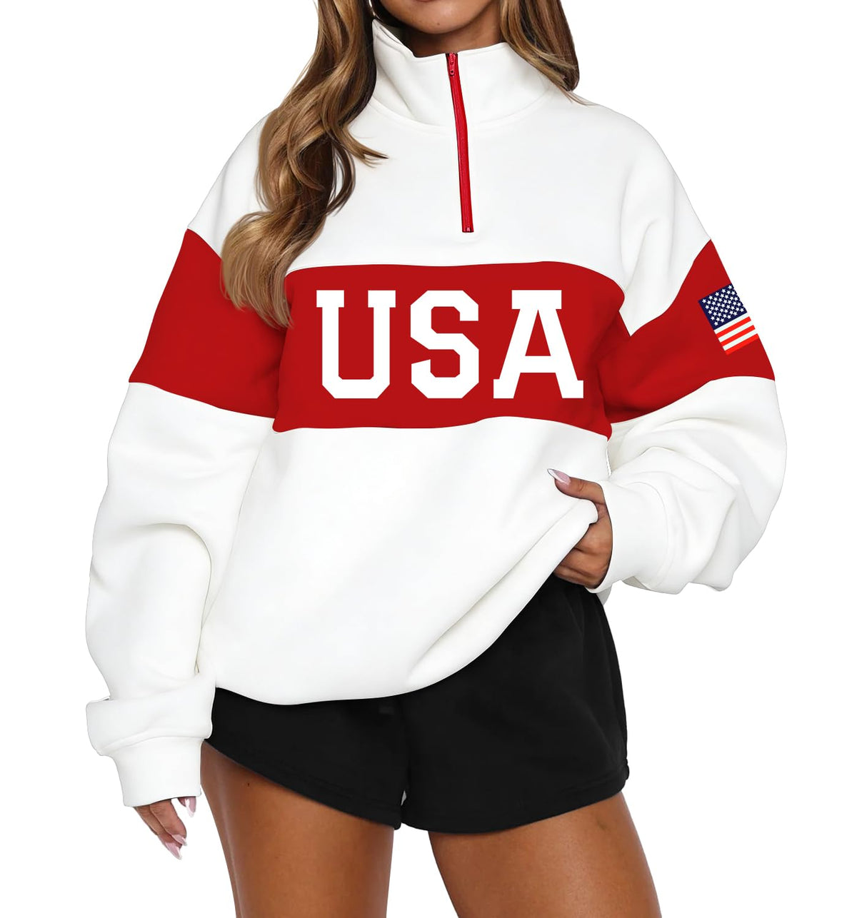 LEEDYA Women Long Sleeve American Flag Sweatshirts Half Zip USA Sweater