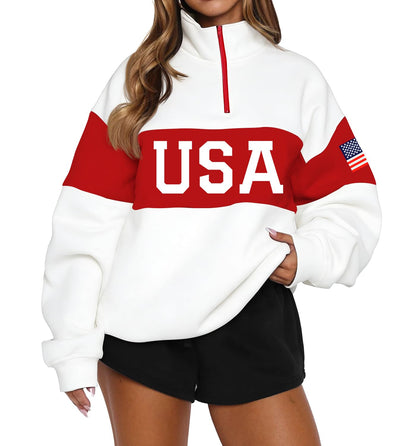 LEEDYA Women Long Sleeve American Flag Sweatshirts Half Zip USA Sweater