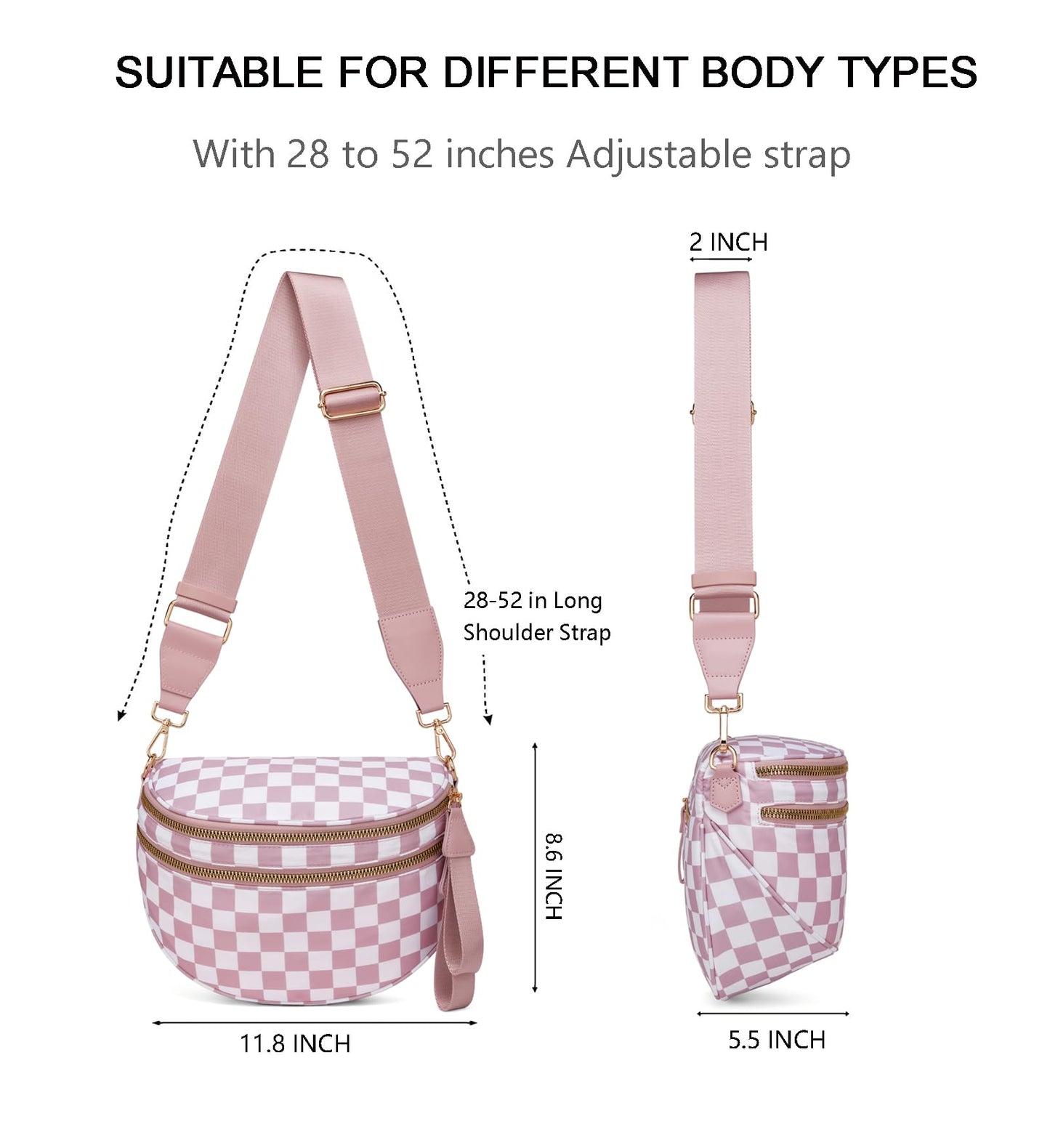 Pure Colour Crossbody Bum Bags for Women Spacious Checkered Cross body Bag Nylon Trendy Fanny Pack for Travel