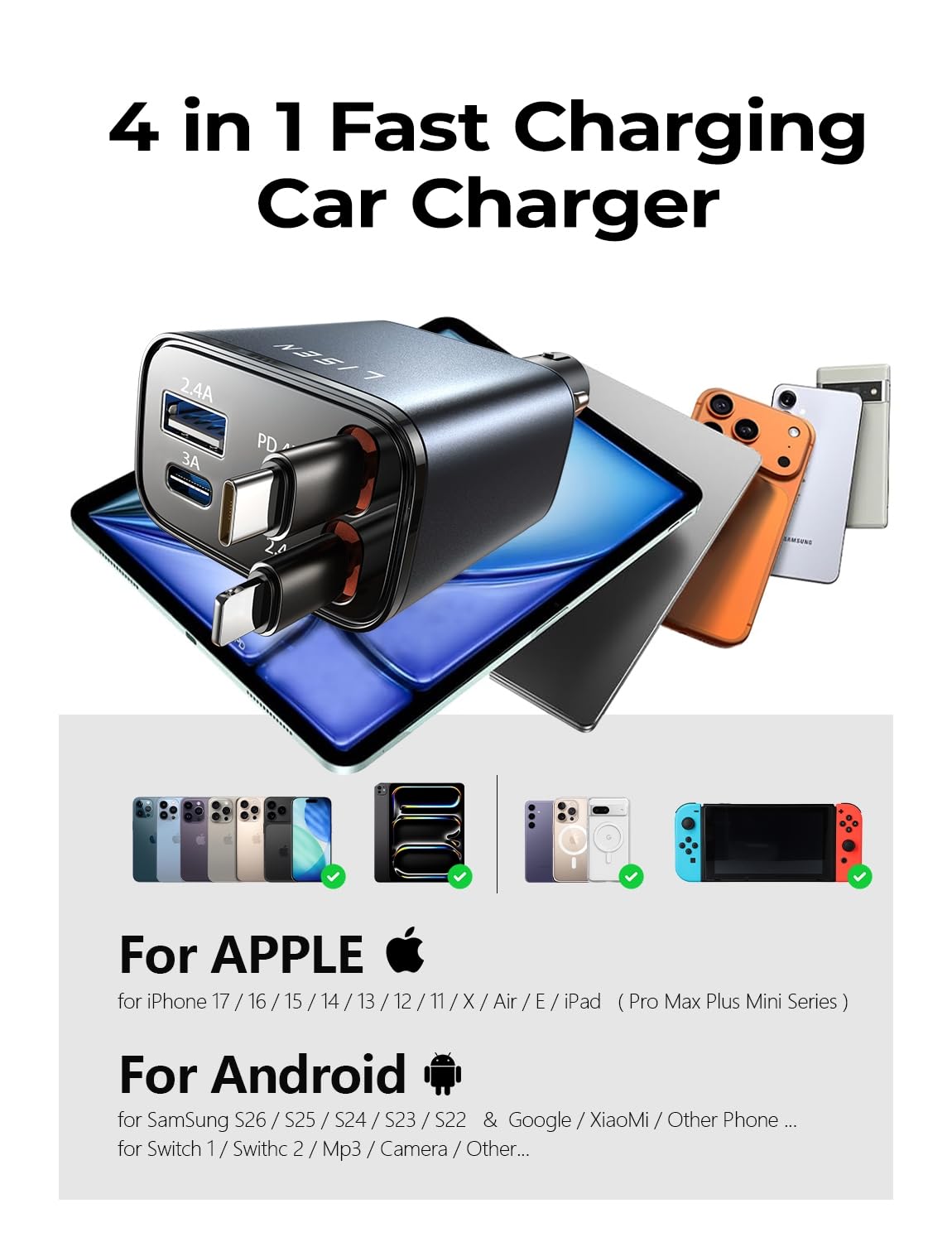 LISEN Retractable Car Charger, 84W Car Charger USB C Fast Charger, Cigarette Lighter USB Charger Adapter, Car Accessories Birthday Gifts for Men Women Dad Mom Husband, for iPhone 17 16 15 14 13 12 11