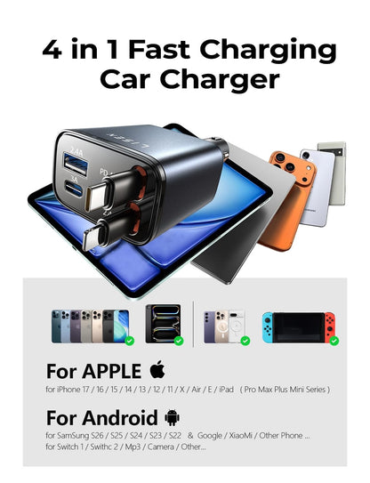 LISEN Retractable Car Charger, 84W Car Charger USB C Fast Charger, Cigarette Lighter USB Charger Adapter, Car Accessories Birthday Gifts for Men Women Dad Mom Husband, for iPhone 17 16 15 14 13 12 11