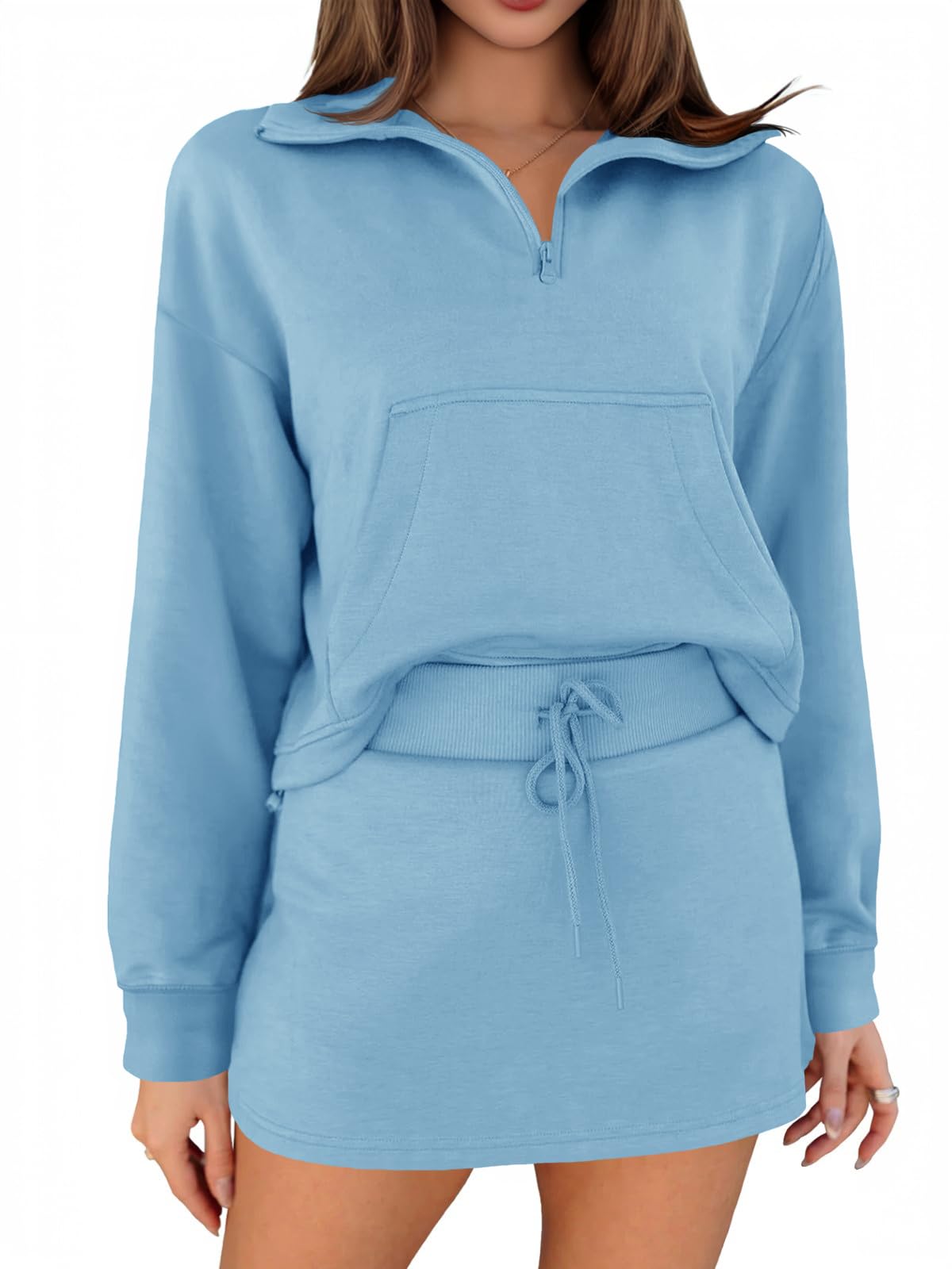 Fisoew Women’s 2 Piece Outfits Quarter Zip Cropped Sweatshirts Casual Mini Skorts Lounge Wear Skirts Sets