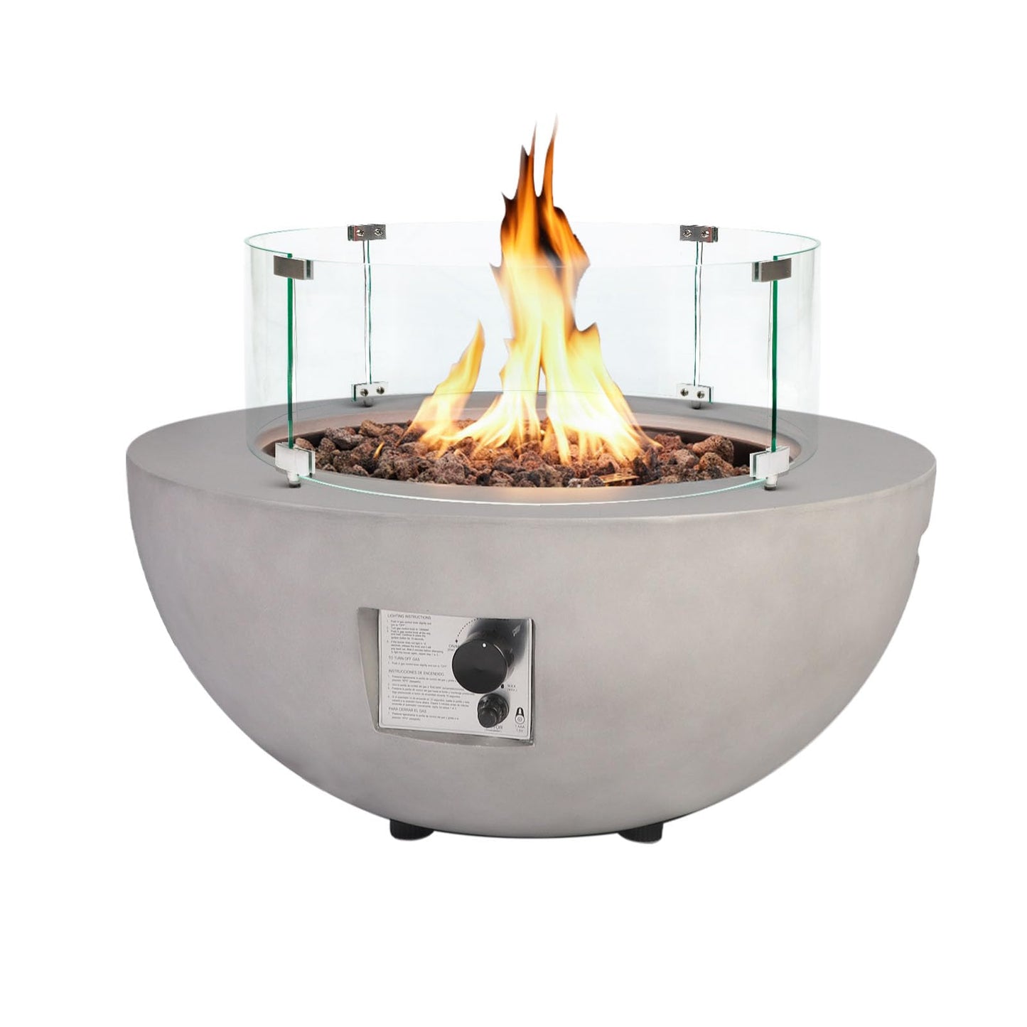 31.5 Inch Round Propane Fire Pit Table - Concrete Round Fire Bowl 50,000 BTU Natural Gas Firepit Burner with Steel Lid, Lava Rocks, Waterproof Cover for Outside Patio, Backyard, Party