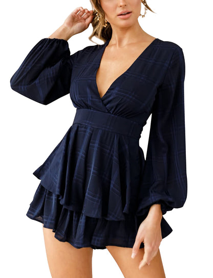 AIMCOO Women's Floral Print Deep V-Neck Romper Double Layer Ruffle Hem Jumpsuits Long Baggy Sleeves Waist Tie Short Rompers
