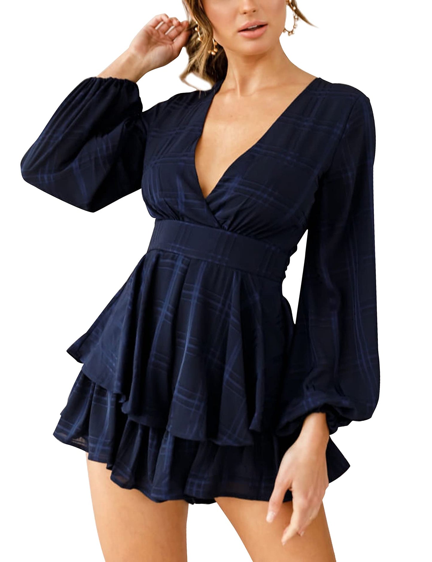 AIMCOO Women's Floral Print Deep V-Neck Romper Double Layer Ruffle Hem Jumpsuits Long Baggy Sleeves Waist Tie Short Rompers