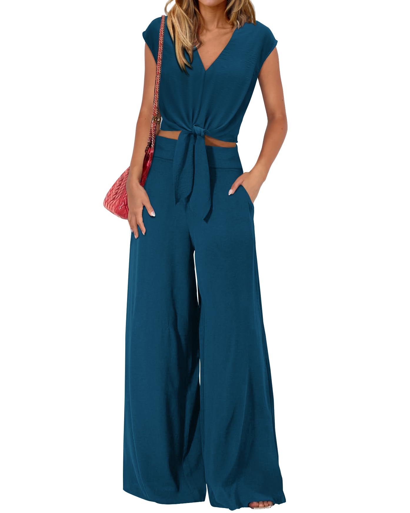 PRETTYGARDEN Women's Summer 2 Piece Outfits 2026 Cap Sleeve V Neck Belted Crop Tops Wide Leg Pant Sets Casual Tracksuit
