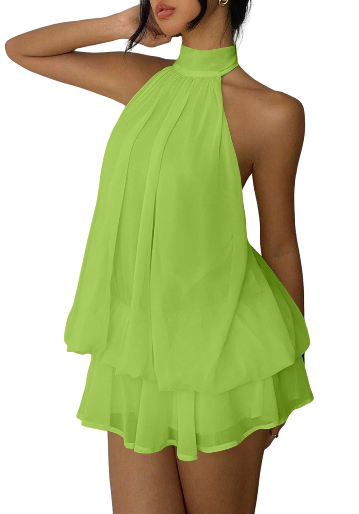 Women's Chiffon Halter Drop Waist Mini Dress Wedding Guest Dresses Ruffle Formal Club Holiday Brunch Outfits