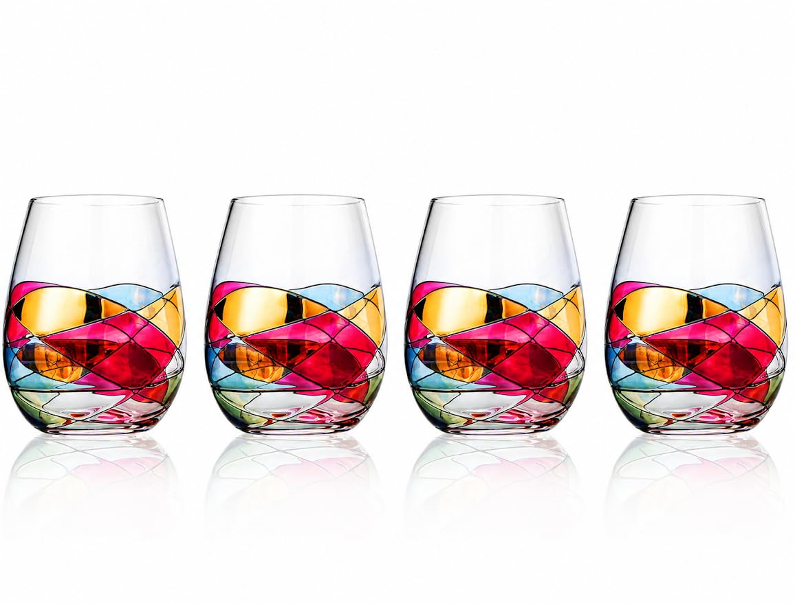 Artisanal Hand Painted Stemless Wine Glasses - Everyday Celebrations, Gift Idea for Wife, Mom, Valentine, Holiday Renaissance Romantic Stain-glassed Windows, 2 Set - Gift Idea Birthday, Housewarming