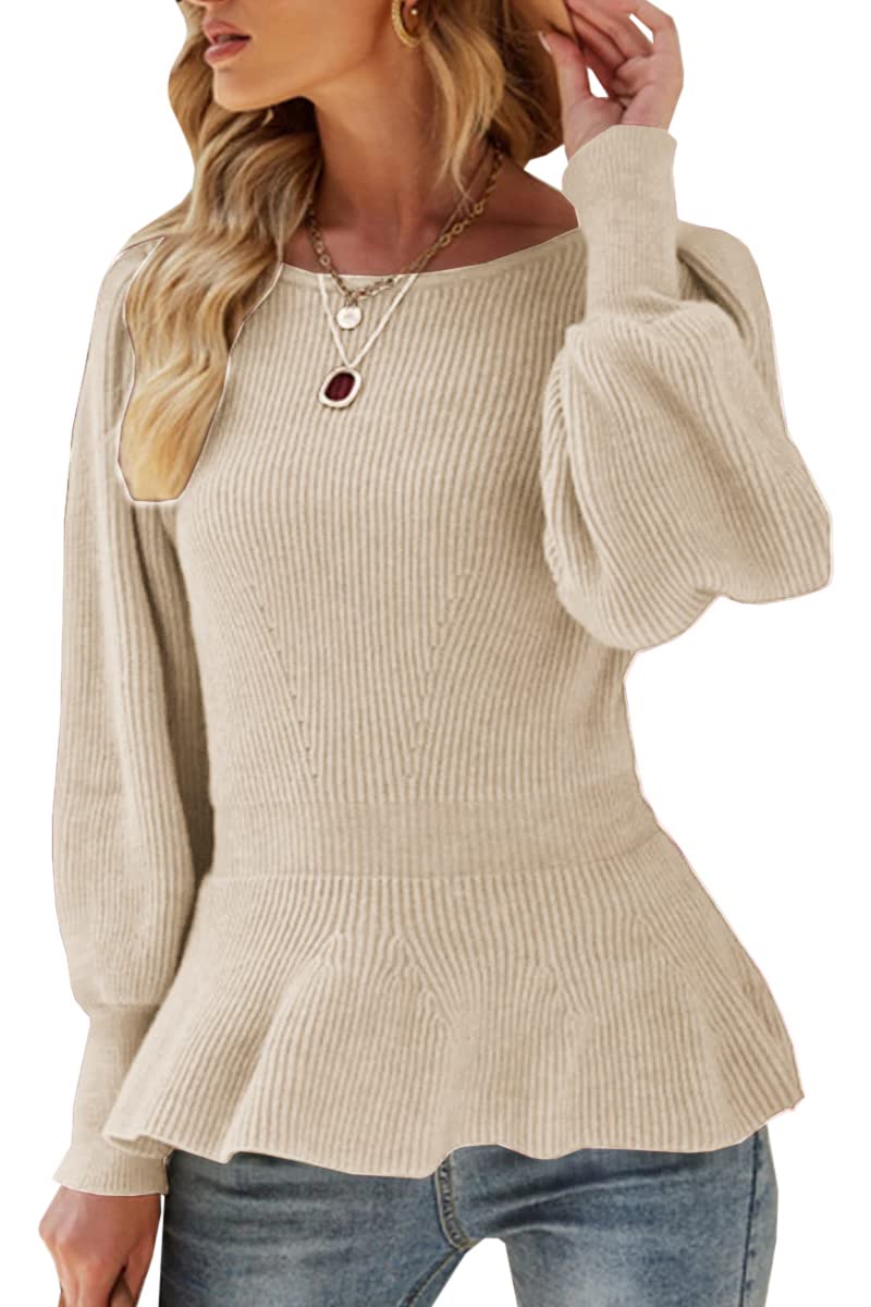 Womens Fall Puff Sleeve Peplum Casual Slim Fit Knit Pullover Sweater