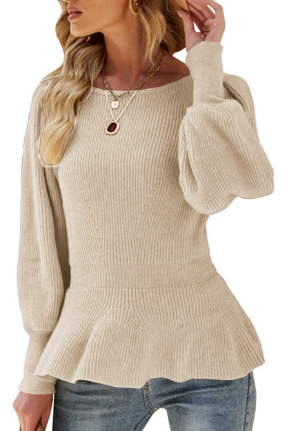 Womens Fall Puff Sleeve Peplum Casual Slim Fit Knit Pullover Sweater