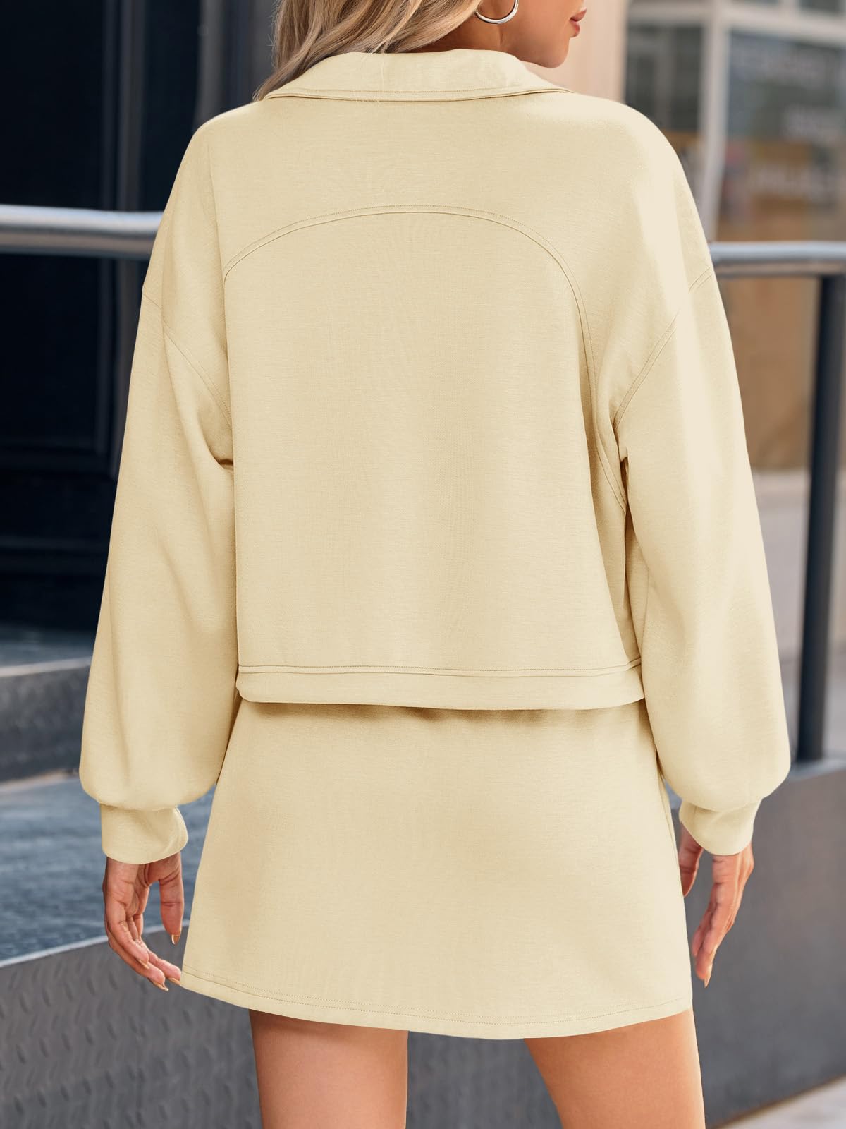 Fisoew Women’s 2 Piece Outfits Quarter Zip Cropped Sweatshirts Casual Mini Skorts Lounge Wear Skirts Sets