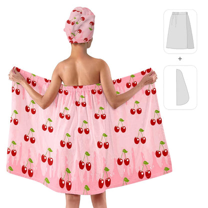 Strawberry Print Bath Wrap and Hair Drying Towel Set – Microfiber Quick Dry Shower Body Wrap for Women, Absorbent Spa Skirt with Elastic Band and Cute Bow Design (Strawberry 1)