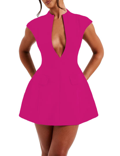 LuFeng Women's Sexy Cap Sleeve Deep V Neck Zipper A-line Mini Dress