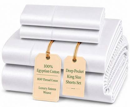 100% Egyptian Cotton Sheets King Size Sheets Set with Fully Elasticated 15" Deep Fitted Sheet & Pillowcase Sets, 800TC Sateen Weave Hotel Collection King Sheet Set, Soft Luxury White Bedding