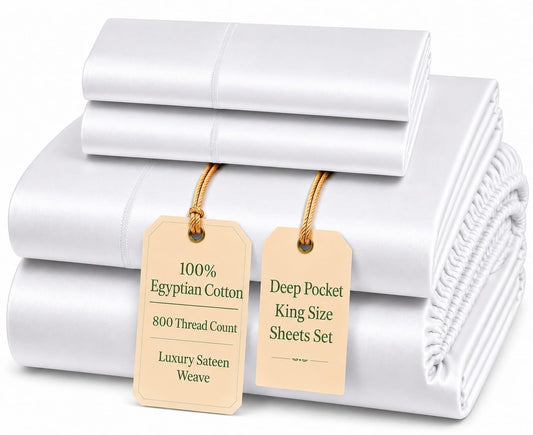 100% Egyptian Cotton Sheets King Size Sheets Set with Fully Elasticated 15" Deep Fitted Sheet & Pillowcases