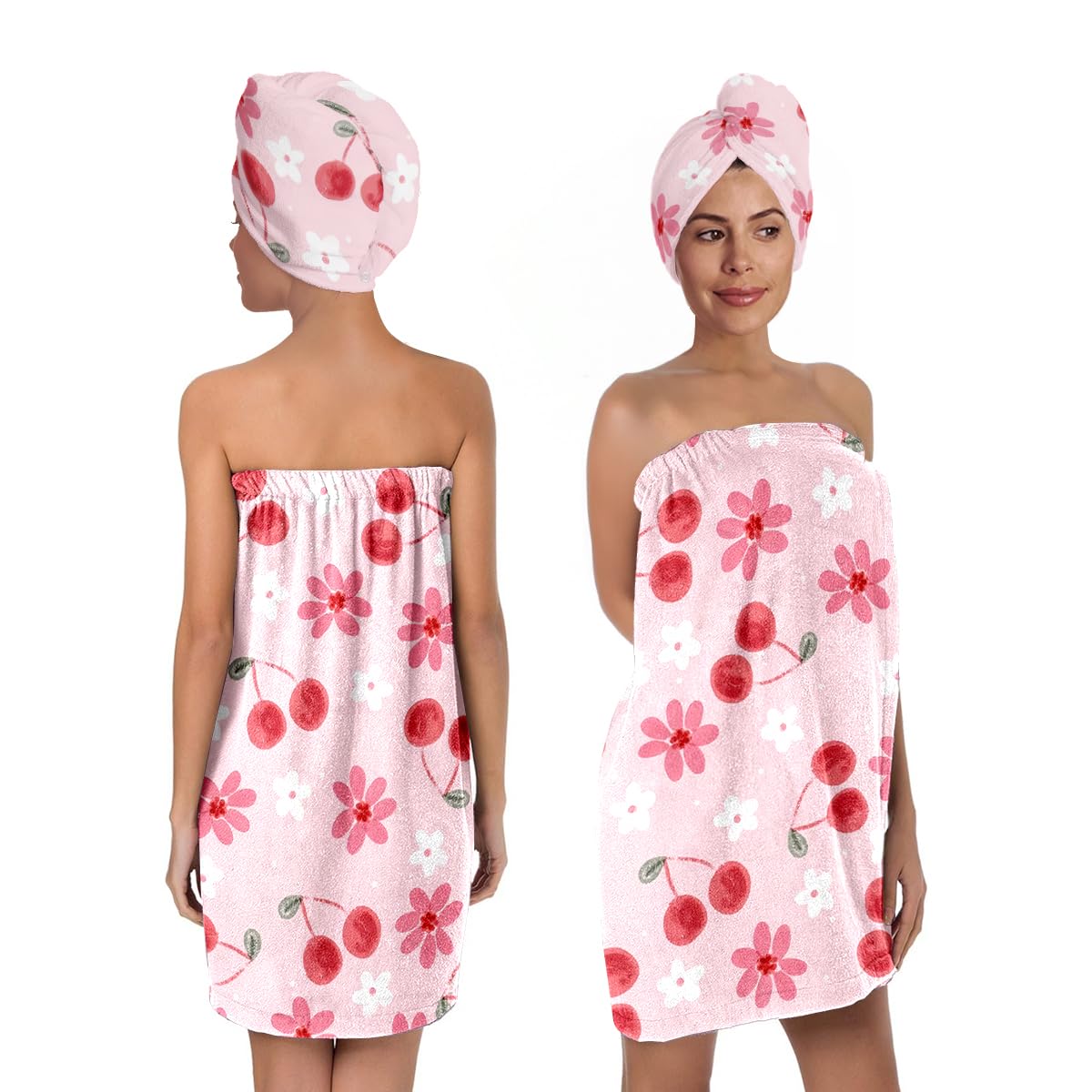 Strawberry Print Bath Wrap and Hair Drying Towel Set – Microfiber Quick Dry Shower Body Wrap for Women, Absorbent Spa Skirt with Elastic Band and Cute Bow Design (Strawberry 1)