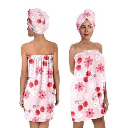 Strawberry Print Bath Wrap and Hair Drying Towel Set – Microfiber Quick Dry Shower Body Wrap for Women, Absorbent Spa Skirt with Elastic Band and Cute Bow Design (Strawberry 1)