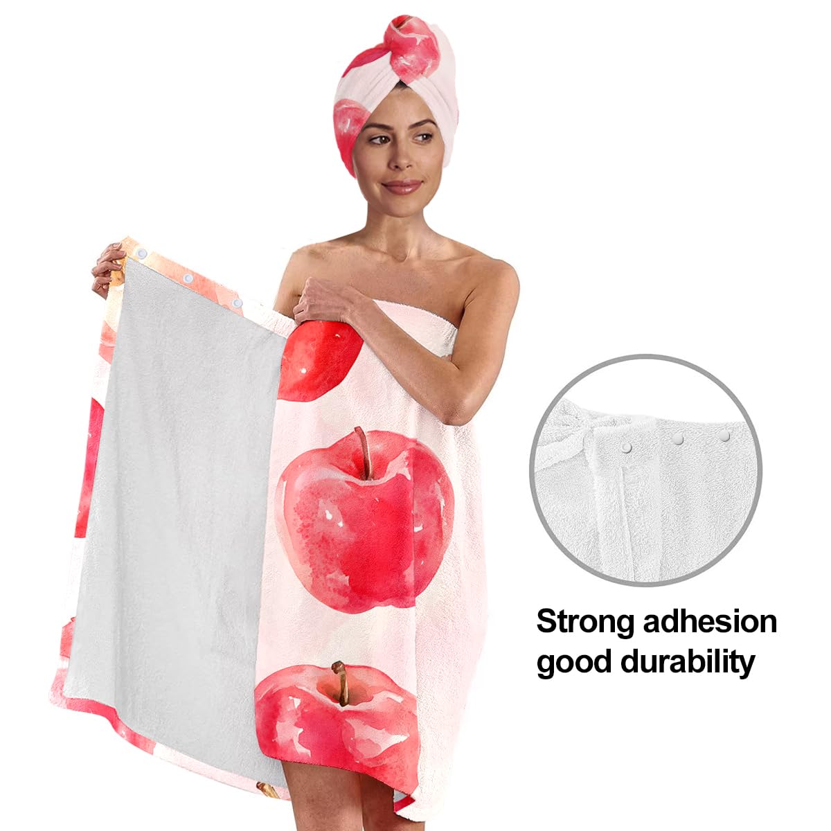 Strawberry Print Bath Wrap and Hair Drying Towel Set – Microfiber Quick Dry Shower Body Wrap for Women, Absorbent Spa Skirt with Elastic Band and Cute Bow Design (Strawberry 1)