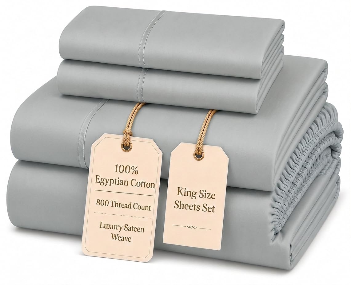 100% Egyptian Cotton Sheets King Size Sheets Set with Fully Elasticated 15" Deep Fitted Sheet & Pillowcase Sets, 800TC Sateen Weave Hotel Collection King Sheet Set, Soft Luxury White Bedding