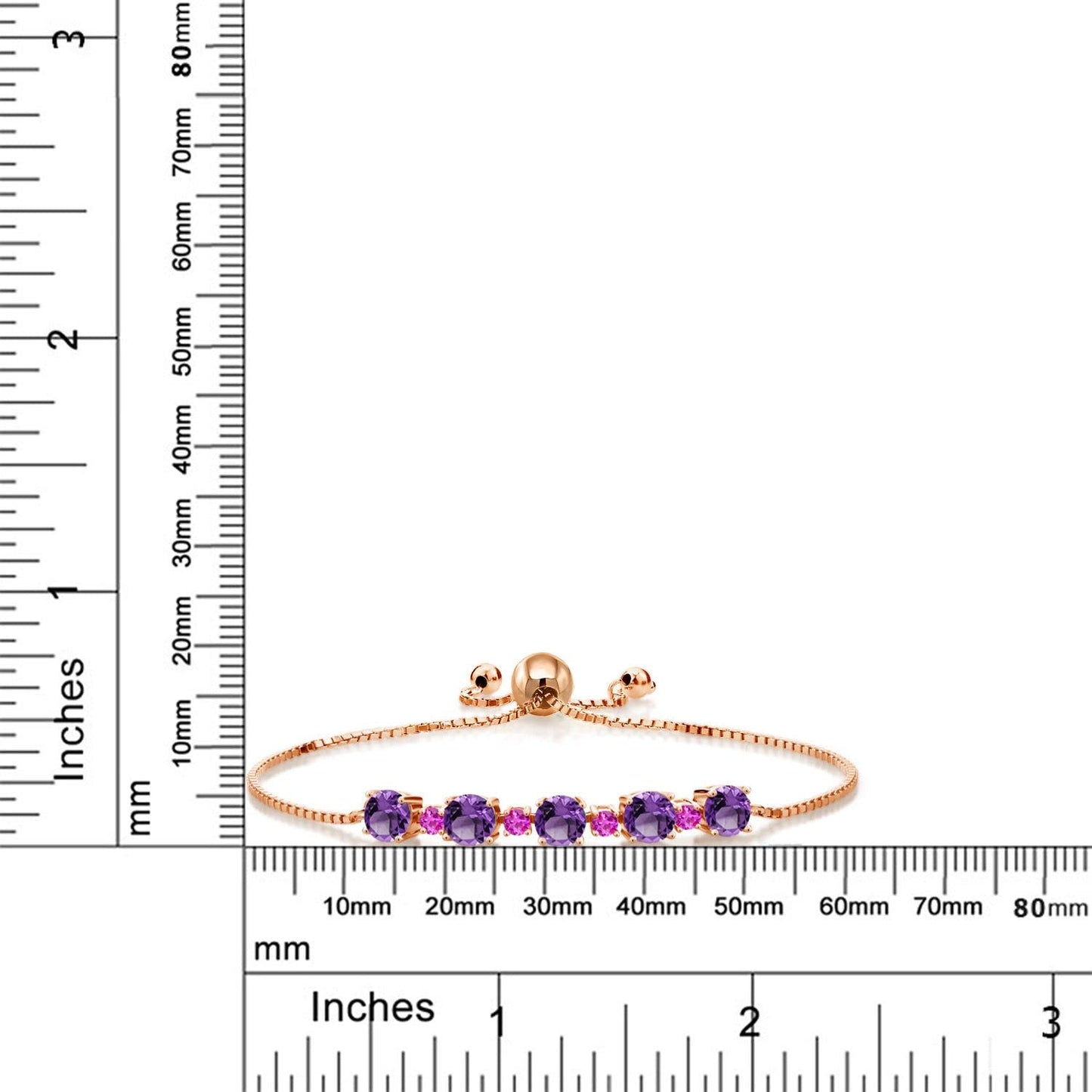 Gem Stone King Gemstone Birthstone and Pink Sapphire Tennis Bracelet 18K Rose Gold Plated Silver | Round 5MM and 2.5MM | Adjustable Bolo Design | Easy-On Easy-Off