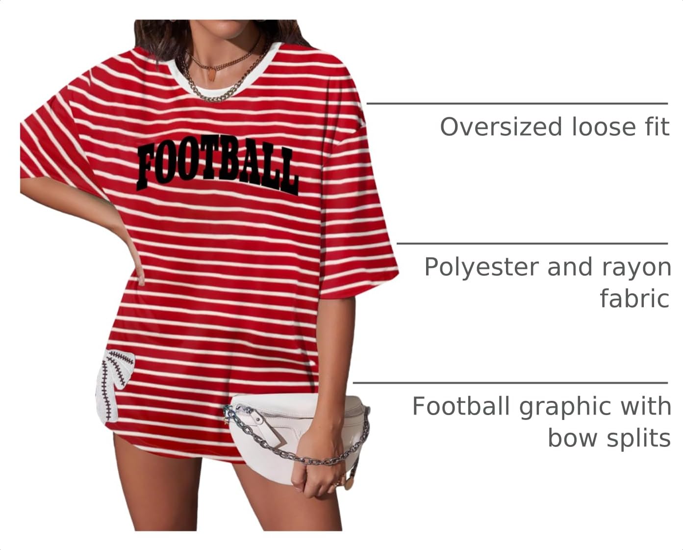 Football Shirts for Women Oversize Game Day T-Shirts Bow Side Split T-Shirt | Football Season Graphic Tee Tops Oversize Football Graphic Short Sleeve Tee Top