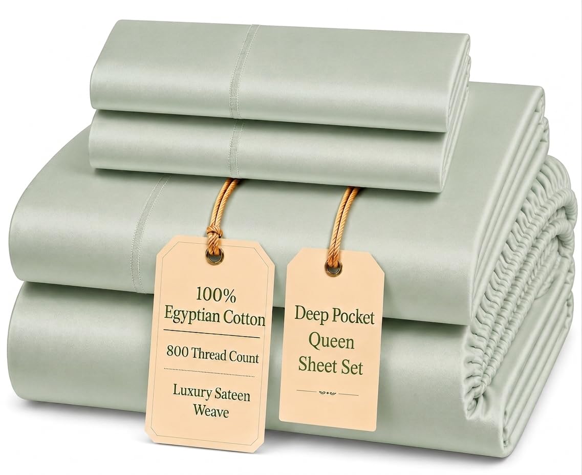 100% Egyptian Cotton Sheets King Size Sheets Set with Fully Elasticated 15" Deep Fitted Sheet & Pillowcase Sets, 800TC Sateen Weave Hotel Collection King Sheet Set, Soft Luxury White Bedding
