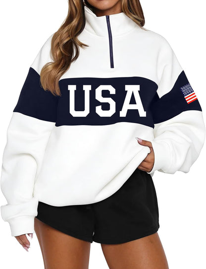 LEEDYA Women Long Sleeve American Flag Sweatshirts Half Zip USA Sweater