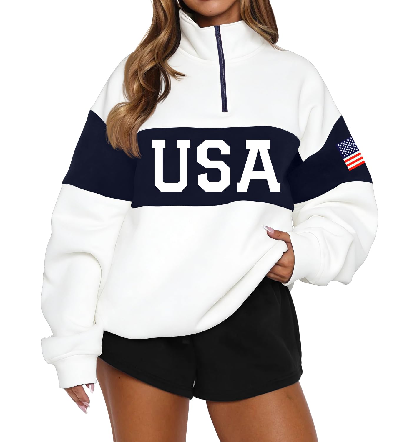 LEEDYA Women Long Sleeve American Flag Sweatshirts Half Zip USA Sweater