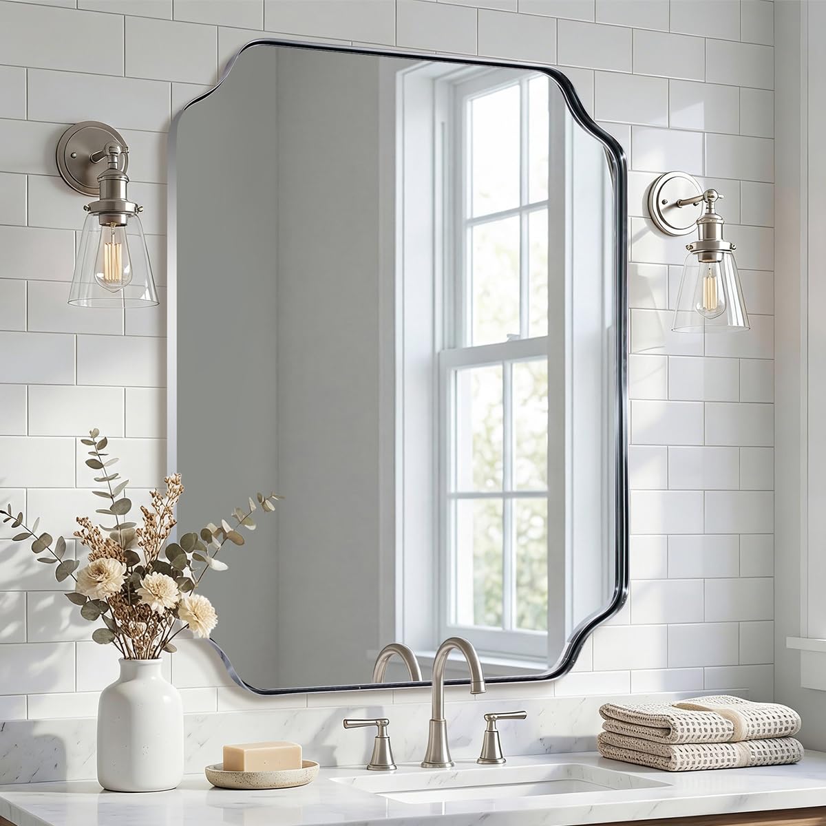 ANDY STAR Unique Rectangle Wall Mirror, 24"x32" Black Mirror, Modern Mirror with Aesthetic Scalloped Edge Design Ideal for Bathroom, Bedroom or Entryway, Thin Frame Deep 1’’