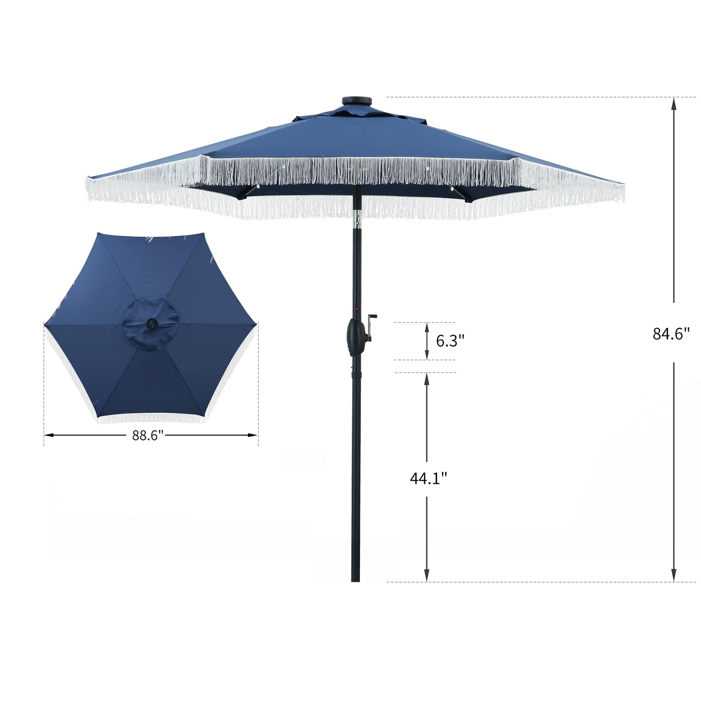 GDY 7.5ft Tassel Patio Umbrella and Matching Base, Outdoor Table Umbrella with 18 LED Lights,Market Umbrella with 6 Sturdy Ribs, with Push Button Tilt and Crank, Bright White