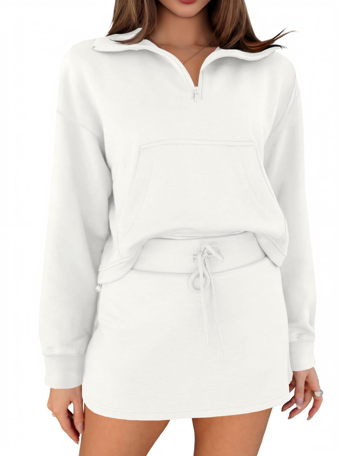 Fisoew Women’s 2 Piece Outfits Quarter Zip Cropped Sweatshirts Casual Mini Skorts Lounge Wear Skirts Sets