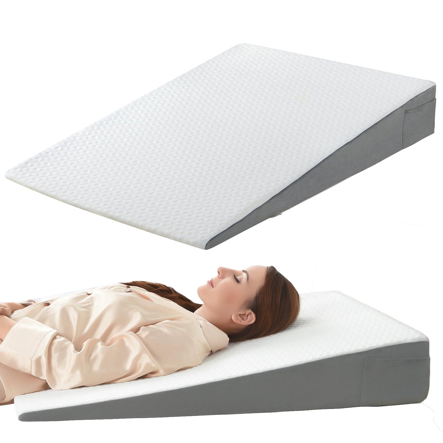 Vekkia King Bed Wedge Pillow for Headboard Gap, 0–6" Gap Filler with Side Pockets & Washable Cover, Gray 76"x10"x6"