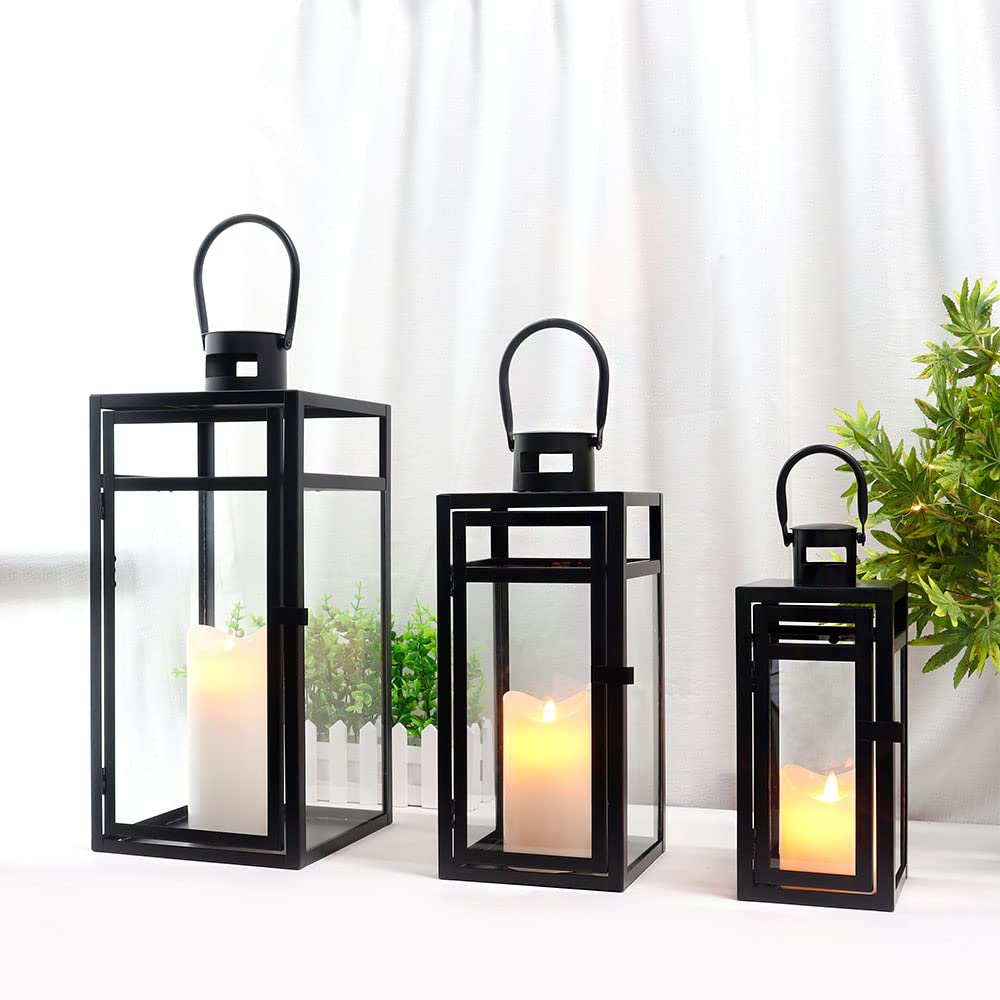 TRIROCKS Set of 3 Stainless Steel Candle Lantern 19/15/12'' High Metal Candle Holder with Tempered Glass Panels Perfect for Home Decor Living Room Parties Events Tabletop Indoors Outdoors (Rose Gold)