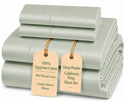 100% Egyptian Cotton Sheets King Size Sheets Set with Fully Elasticated 15" Deep Fitted Sheet & Pillowcase Sets, 800TC Sateen Weave Hotel Collection King Sheet Set, Soft Luxury White Bedding