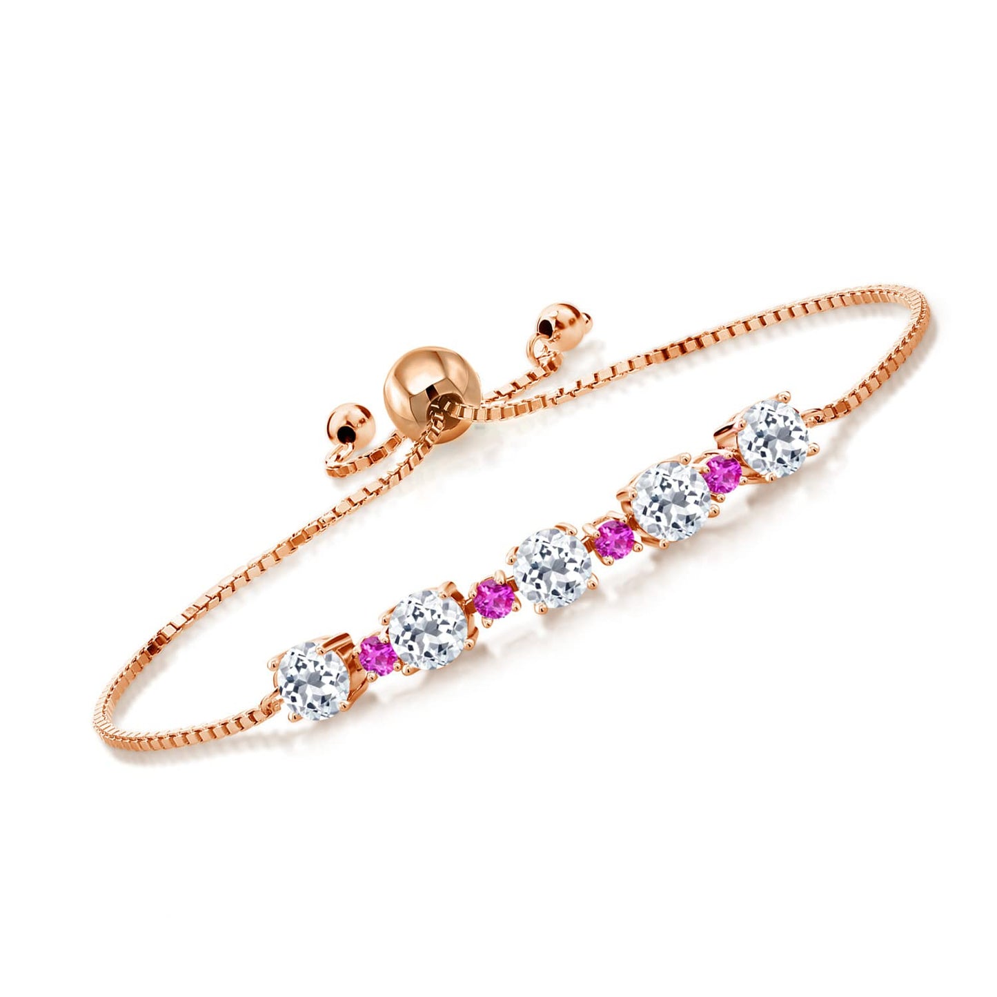 Gem Stone King Gemstone Birthstone and Pink Sapphire Tennis Bracelet 18K Rose Gold Plated Silver | Round 5MM and 2.5MM | Adjustable Bolo Design | Easy-On Easy-Off
